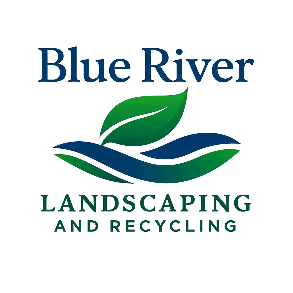 Blue river Landscaping supplies logo of a leaf on a river